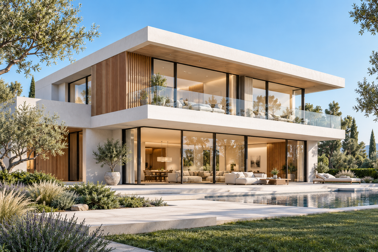 Render de uma casa contemporânea com linhas limpas, grandes painéis de vidro e luz natural